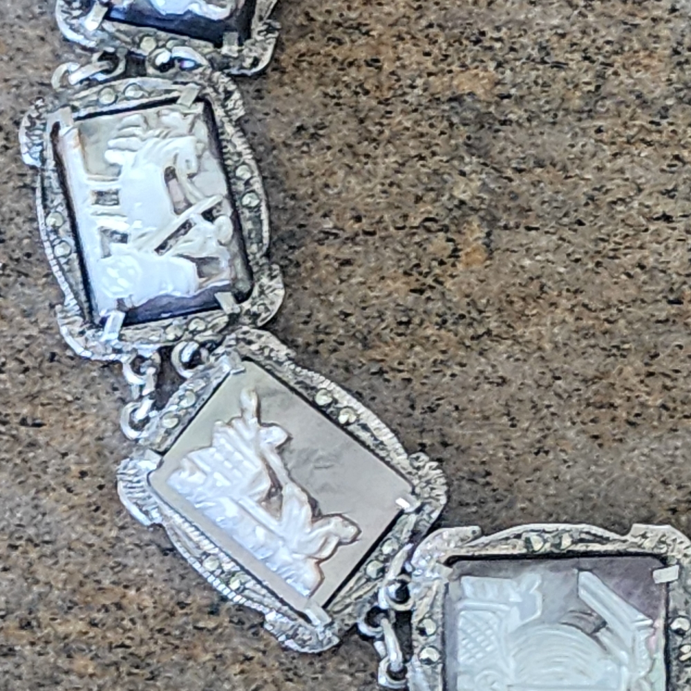 Antique Art Deco Mother Of Pearl Cameo Sterling Silver Bracelet Marcasite - Picture 3 of 10